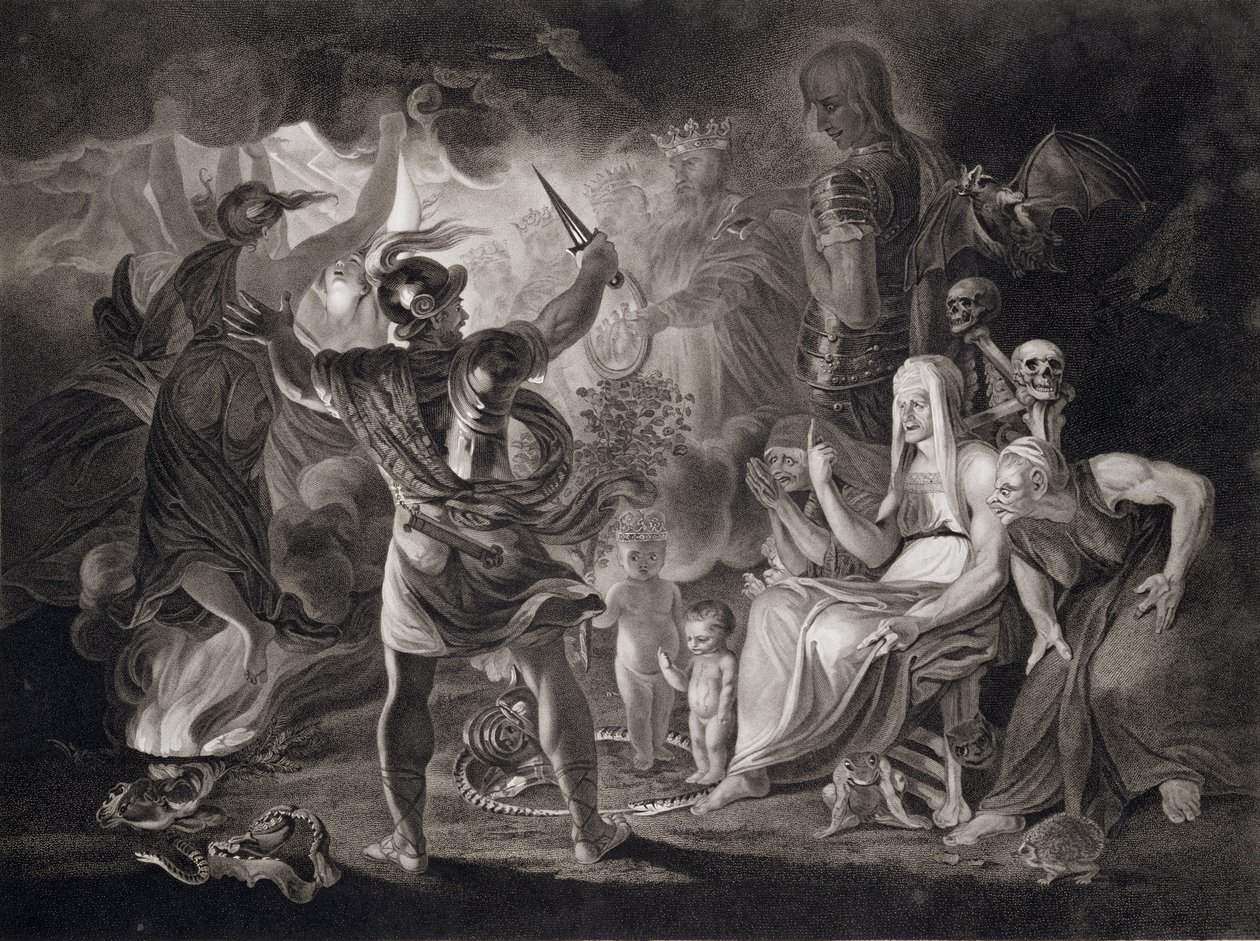 Macbeth, de tre häxorna och Hekate i akt IV, scen I i "Macbeth" av William Shakespeare (1564-1616), publicerad 1805. av John Boydell
