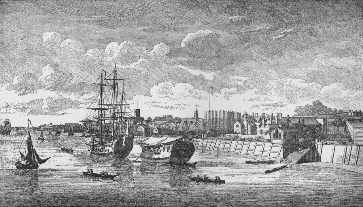 Woolwich Dockyard från Themsen, c1750, 1912. Konstnärer: Okänd, John Boydell. av John Boydell