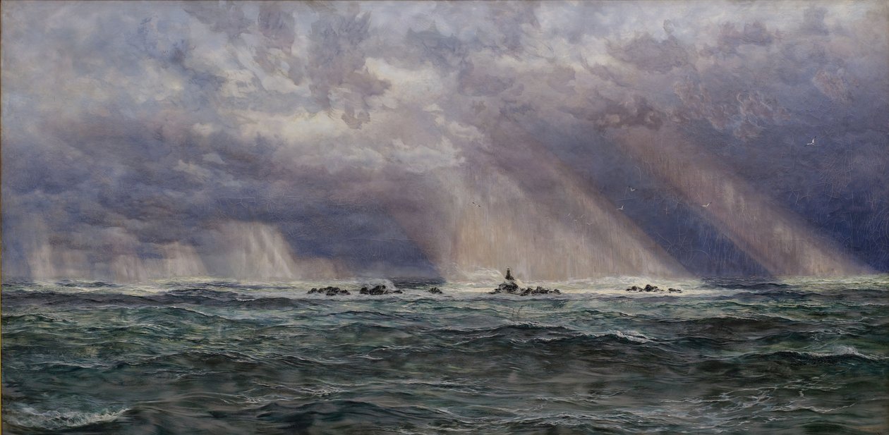 En nordvästlig kuling utanför Longships fyr, 1873. av John Brett