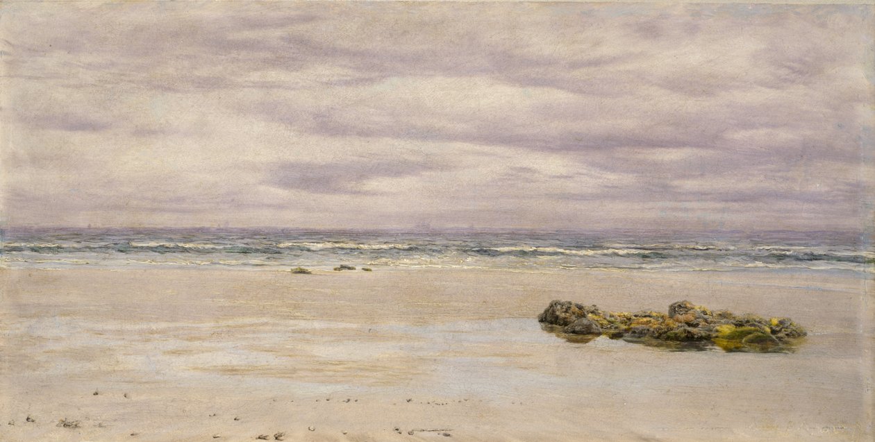 Kennack Sands, Cornwall, vid lågvatten, 1877 (olja ombord, monterad som en ritning) av John Brett