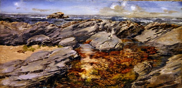Rocks on the Foreshore (olja på duk) av John Brett