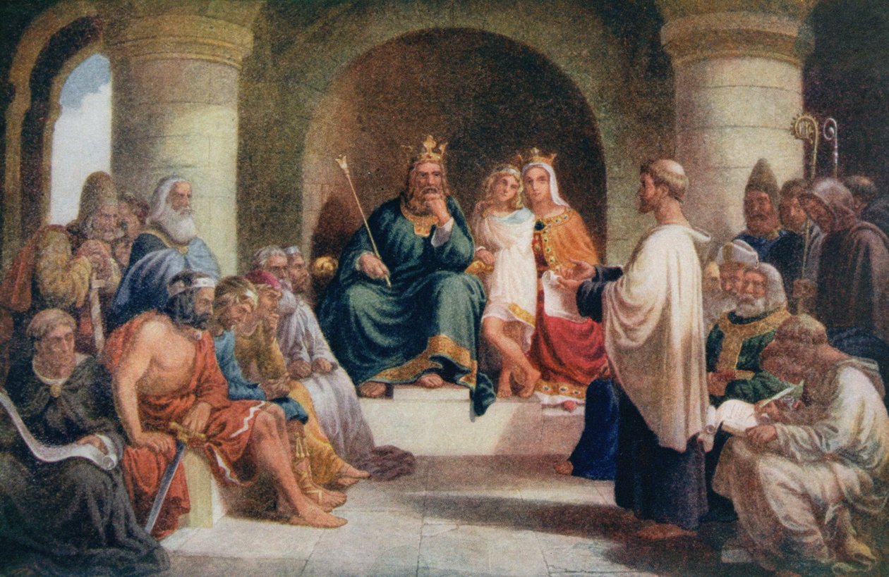 Kung Alfred (849-99) lämnar in sina lagar till Witan, illustration från "Lives of Great Men Told by Great Men", redigerad av Richard Wilson, ca 1920-talet av John Bridges