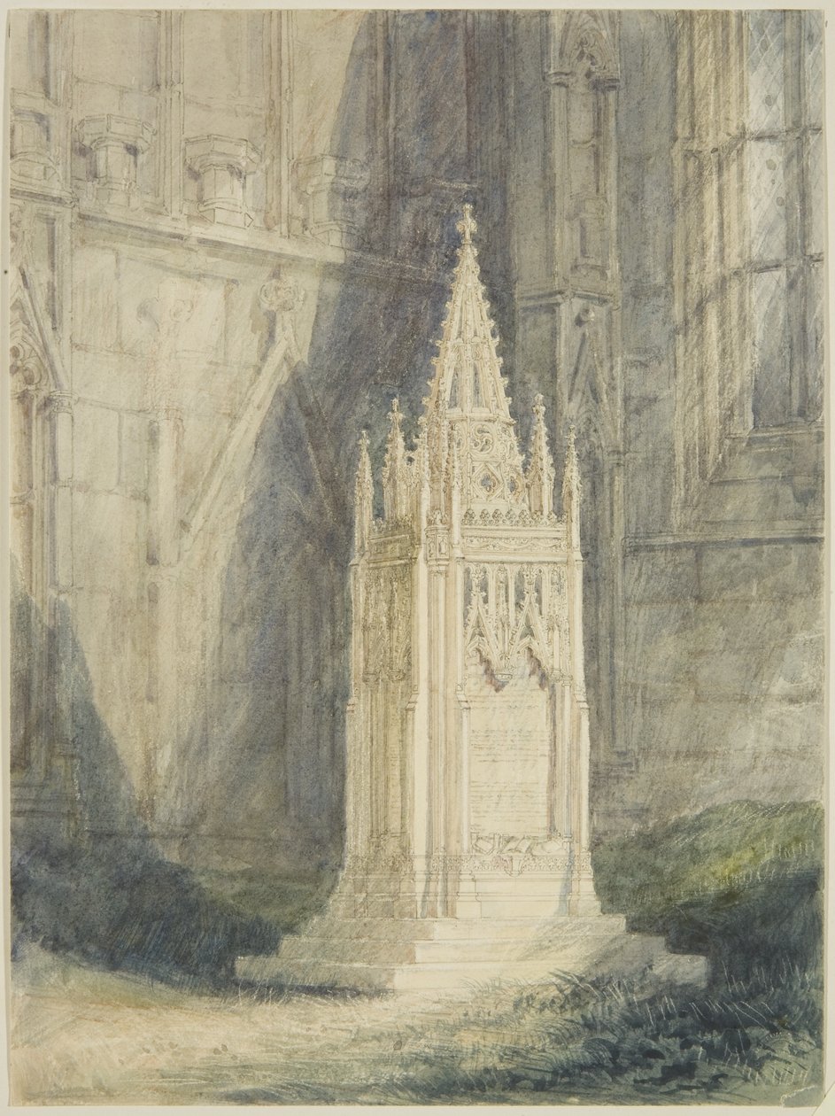 Design för Chatterton Cenotaph i St Mary Redcliffe Church (akvarell och kroppsfärg över penna, med krita och utskrapa, på papper) av John Britton