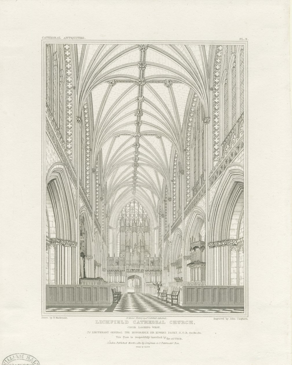 Interiör av Lichfield Cathedral - Kör: gravyr, nd [c 1820] (tryck) av John Britton