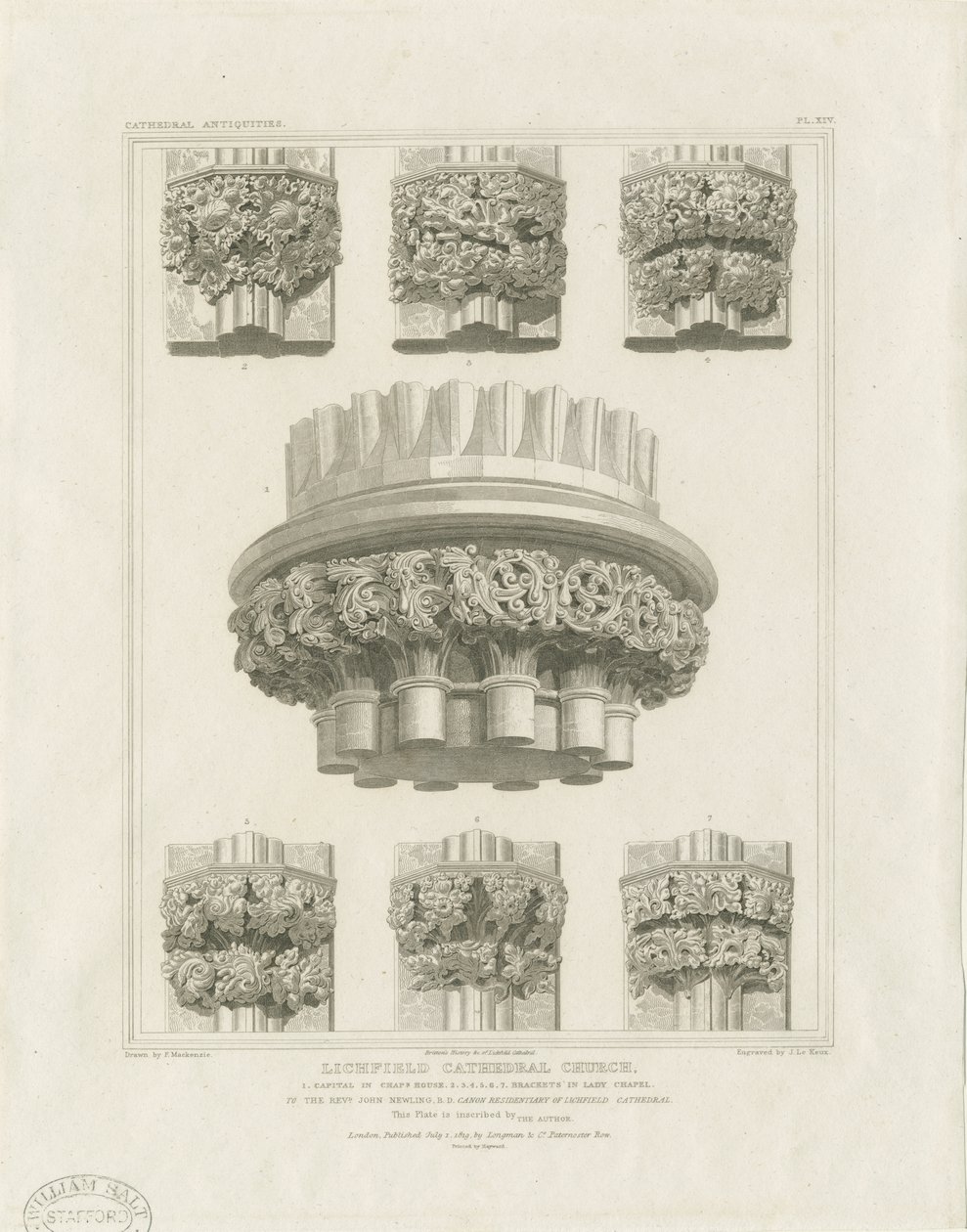 Interiör av Lichfield Cathedral - Klusterpelare i Chapter House och konsoler i Lady Chapel: gravyr, nd [c 1819] (tryck) av John Britton