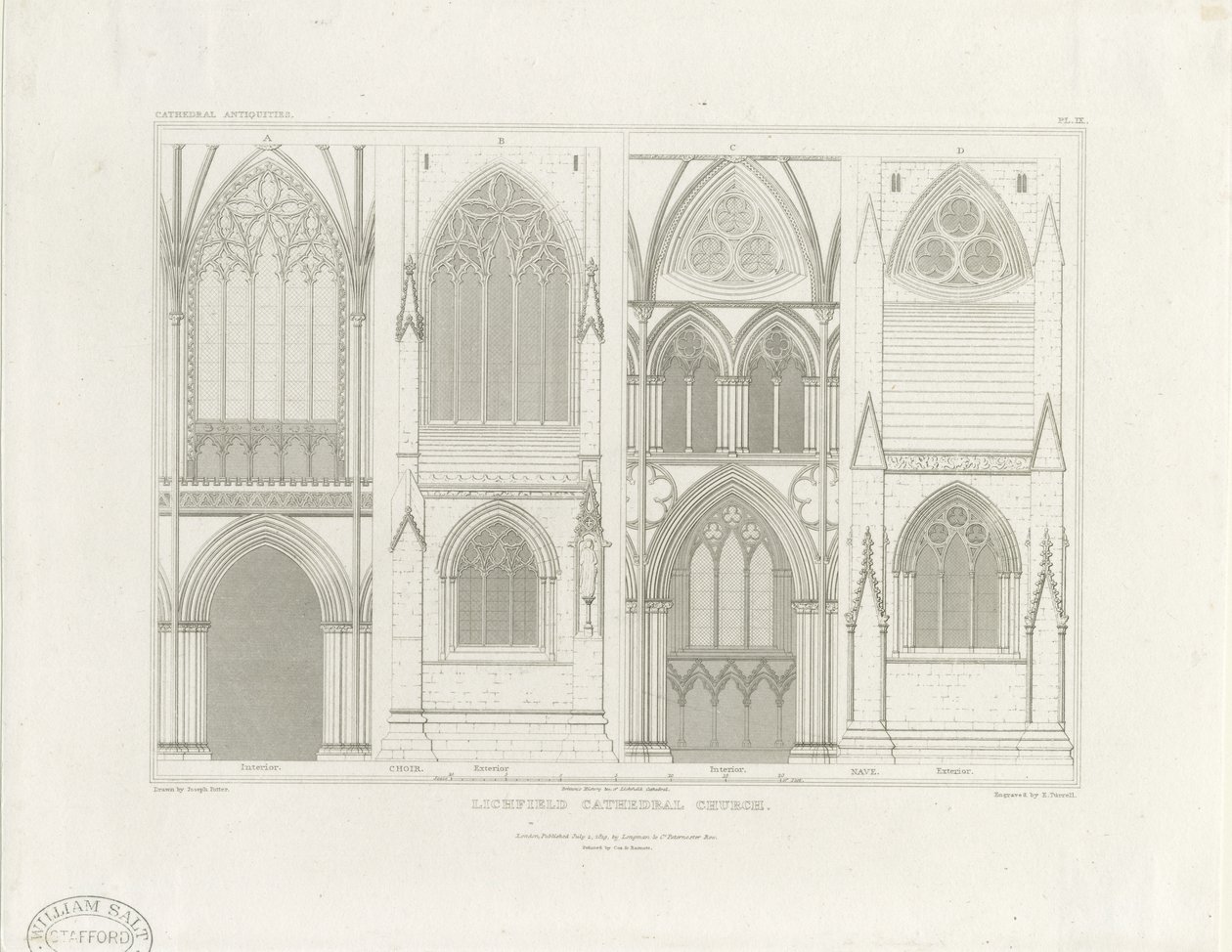 Interiör av Lichfield Cathedral - långhus och kör: gravyr, nd [c 1819] (tryck) av John Britton