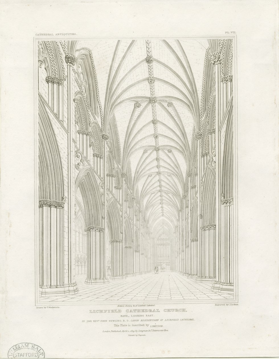 Interiör av Lichfield Cathedral - Nave: gravyr, och [c 1819] (tryck) av John Britton