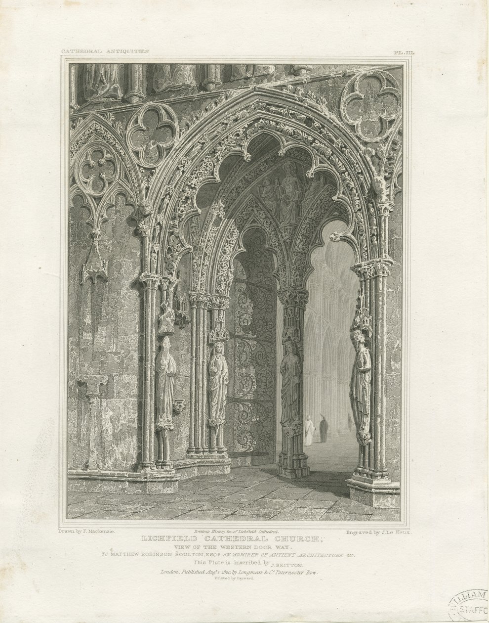 Lichfield Cathedral - West Door: gravyr och [c 1820] av John Britton