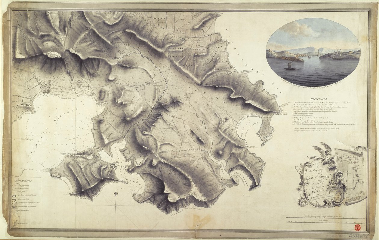 Plan över omgivningarna kring English Harbour och Monks Hill på ön Antigua, uppmätt och ritad av John Brown, lantmätare och ritare för armén i Västindien av John Brown
