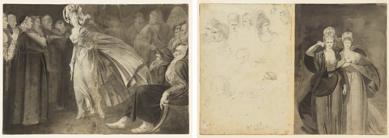 Kvinna som står bland munkarna (recto) Skisser av huvuden (verso, vänster); Två kvinnor (terso, höger) av John Brown