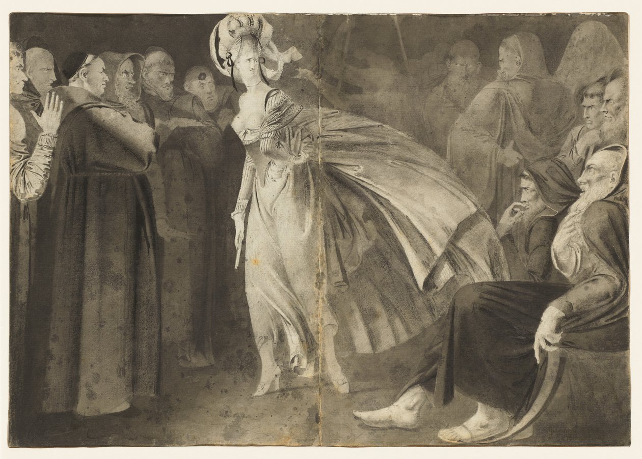Kvinna som står bland munkbröderna recto, ca. 1770-1775. av John Brown