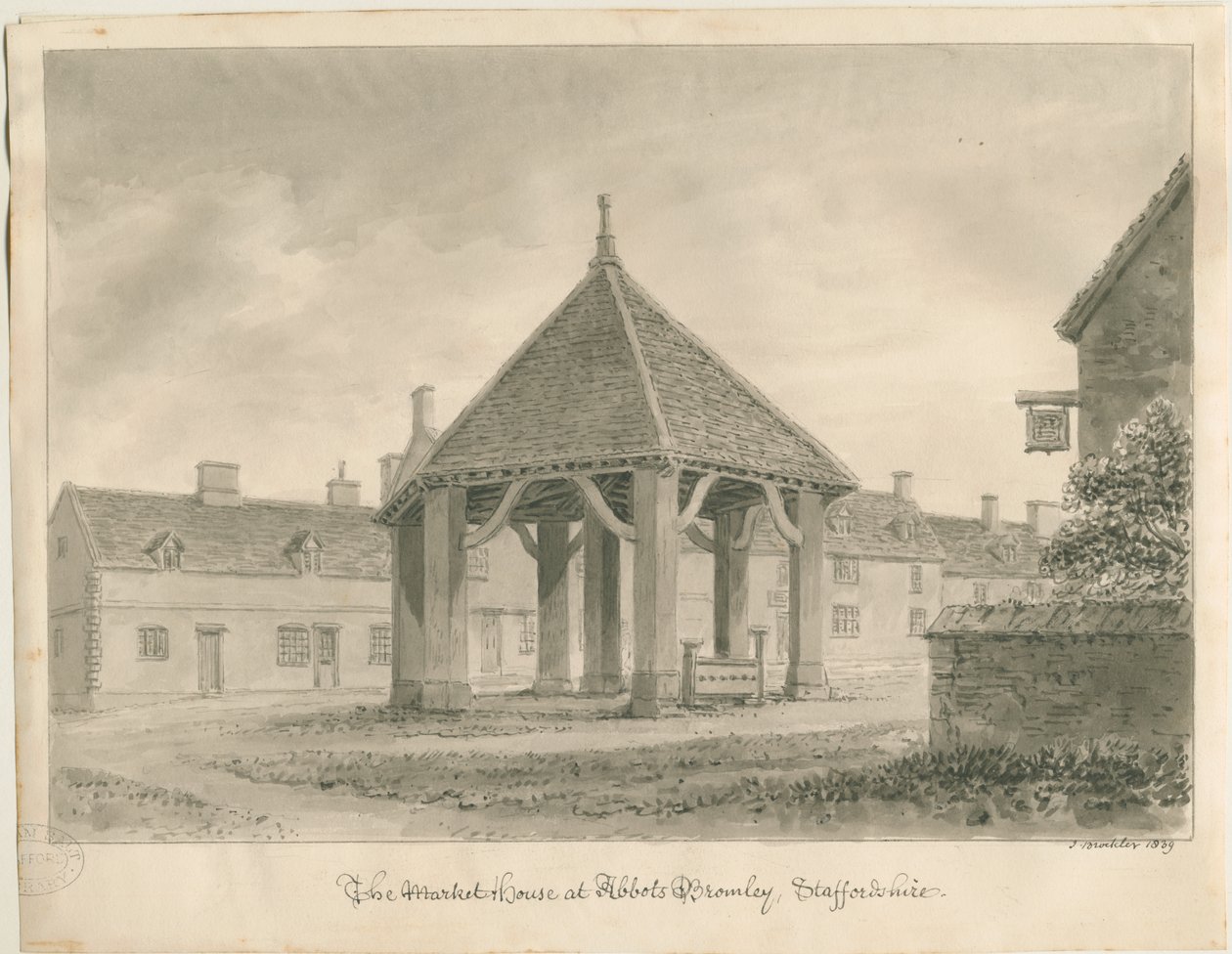 Abbots Bromley - Market House and Stocks: sepiateckning, 1839 av John Buckler
