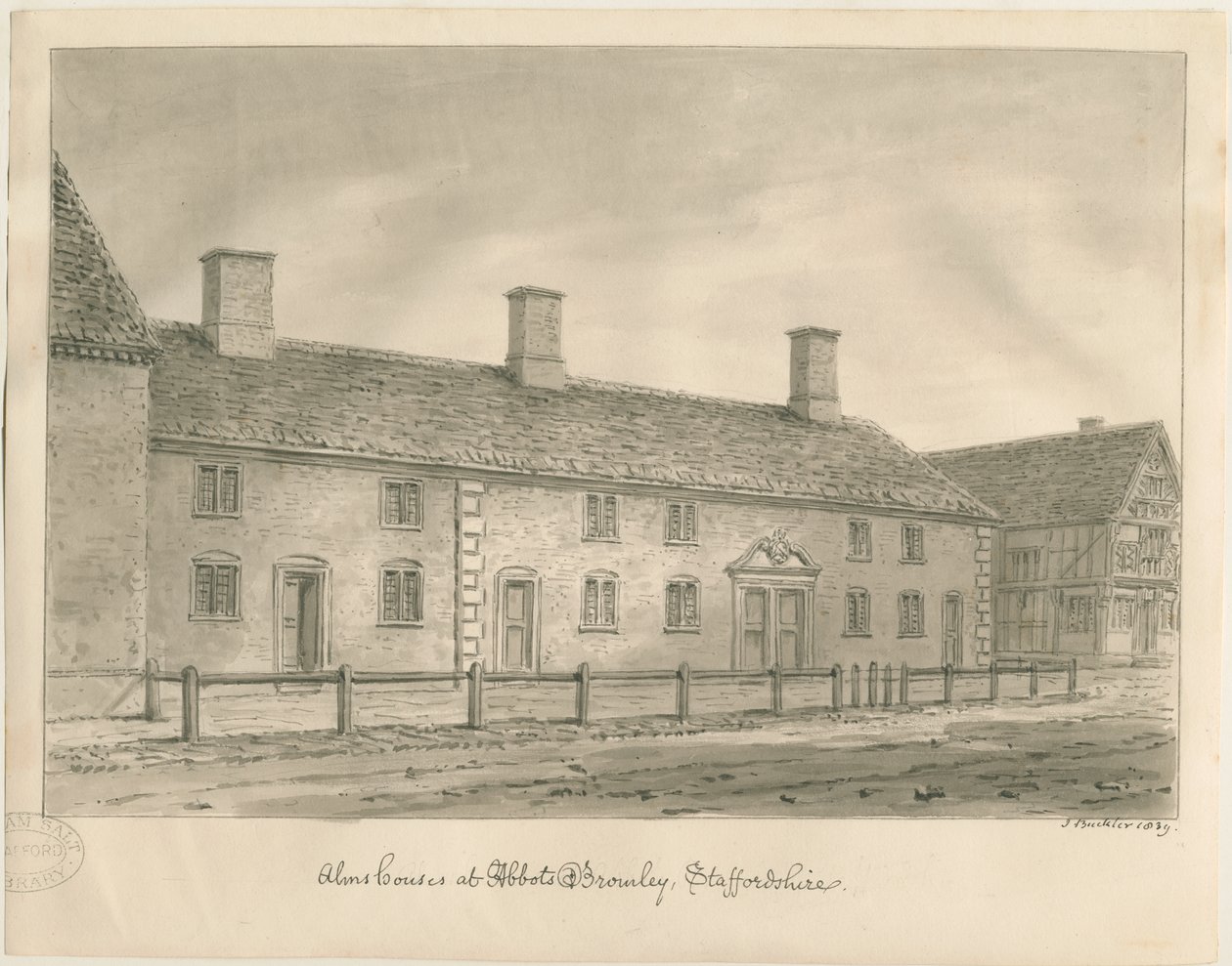 Abbots Bromley Almshouses: sepiateckning av John Buckler