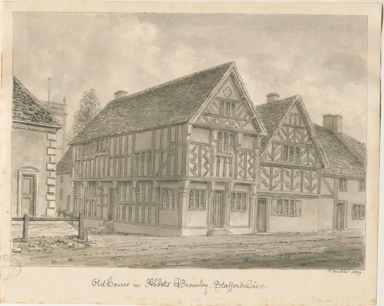 Abbots Bromley Old Houses: sepiateckning, 1839 av John Buckler