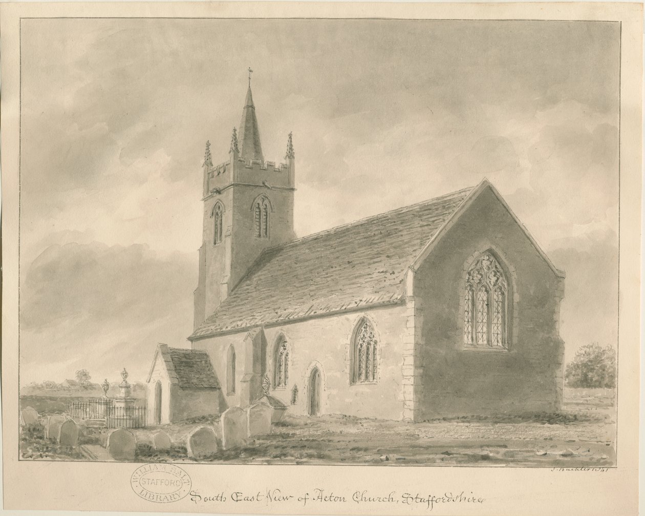 Acton Trussell Church: sepiateckning, 1841 av John Buckler