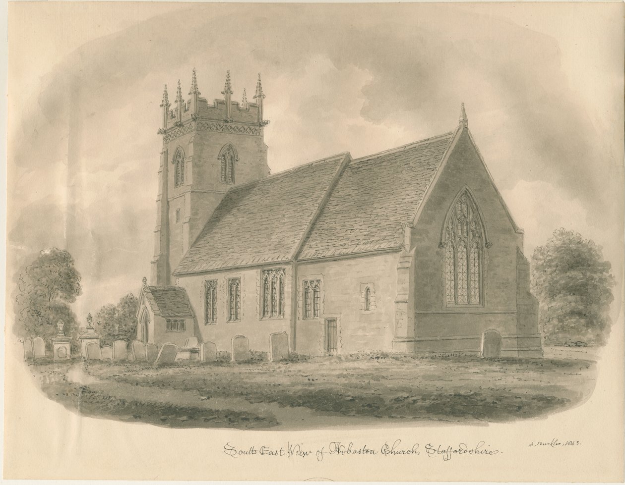 Adbaston Church: sepiateckning, 1843 av John Buckler