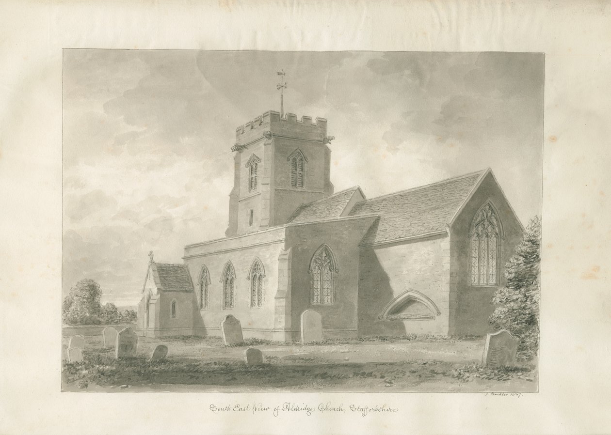 Aldridge Church: sepiateckning, 1847 av John Buckler