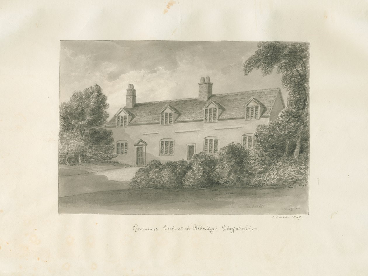 Aldridge Grammar School: sepiateckning, 1847 av John Buckler