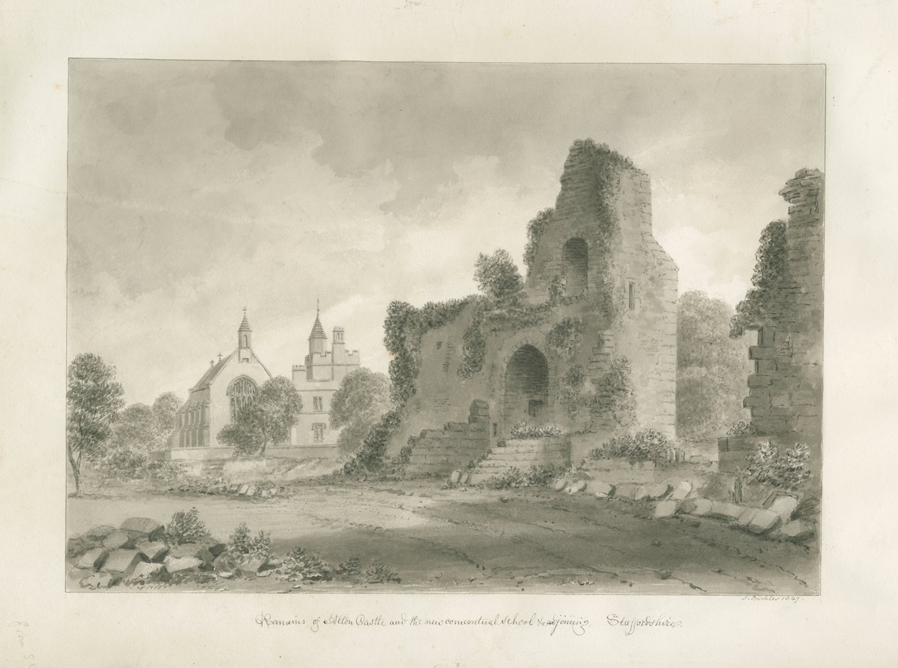 Alton Castle och "New Conventual School": sepiateckning, 1847 av John Buckler