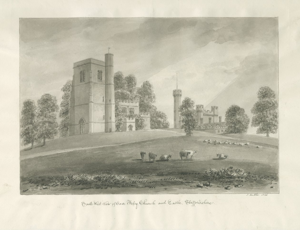 Arley Church and Castle: sepiateckning av John Buckler