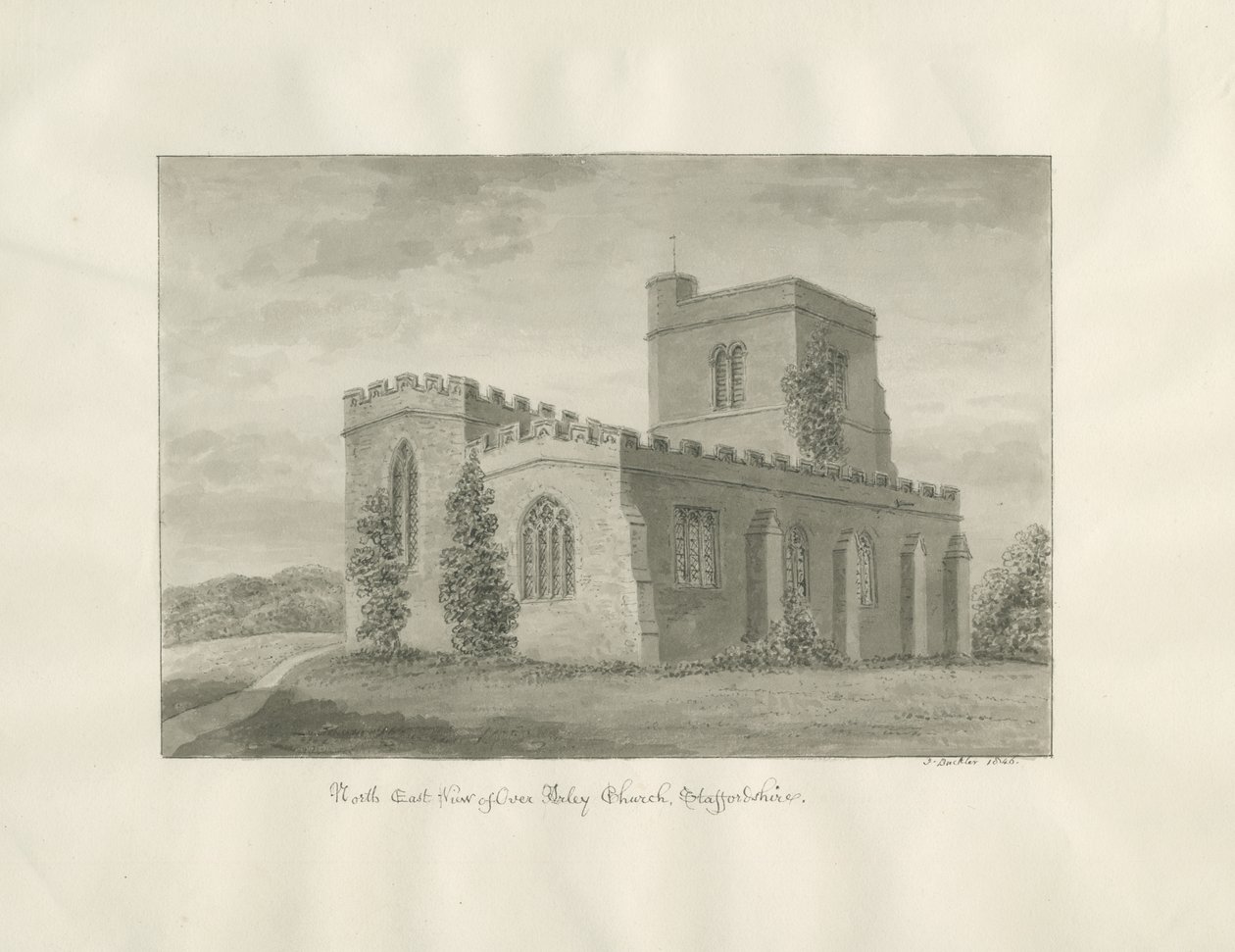 Arley Church: sepiateckning, 1846 av John Buckler