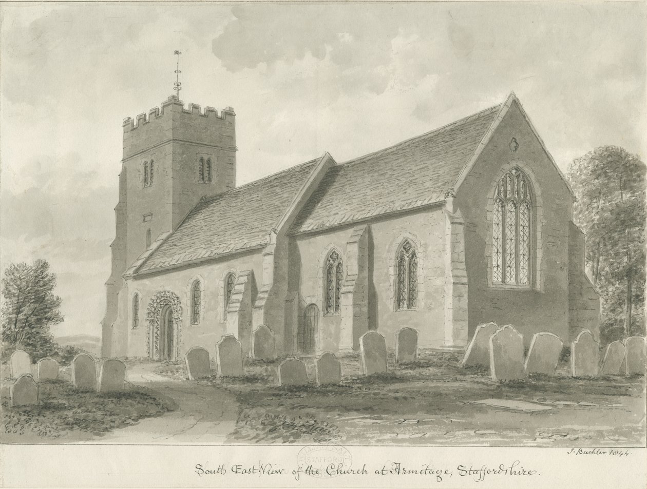 Armitage Church: sepiateckning, 1844 av John Buckler