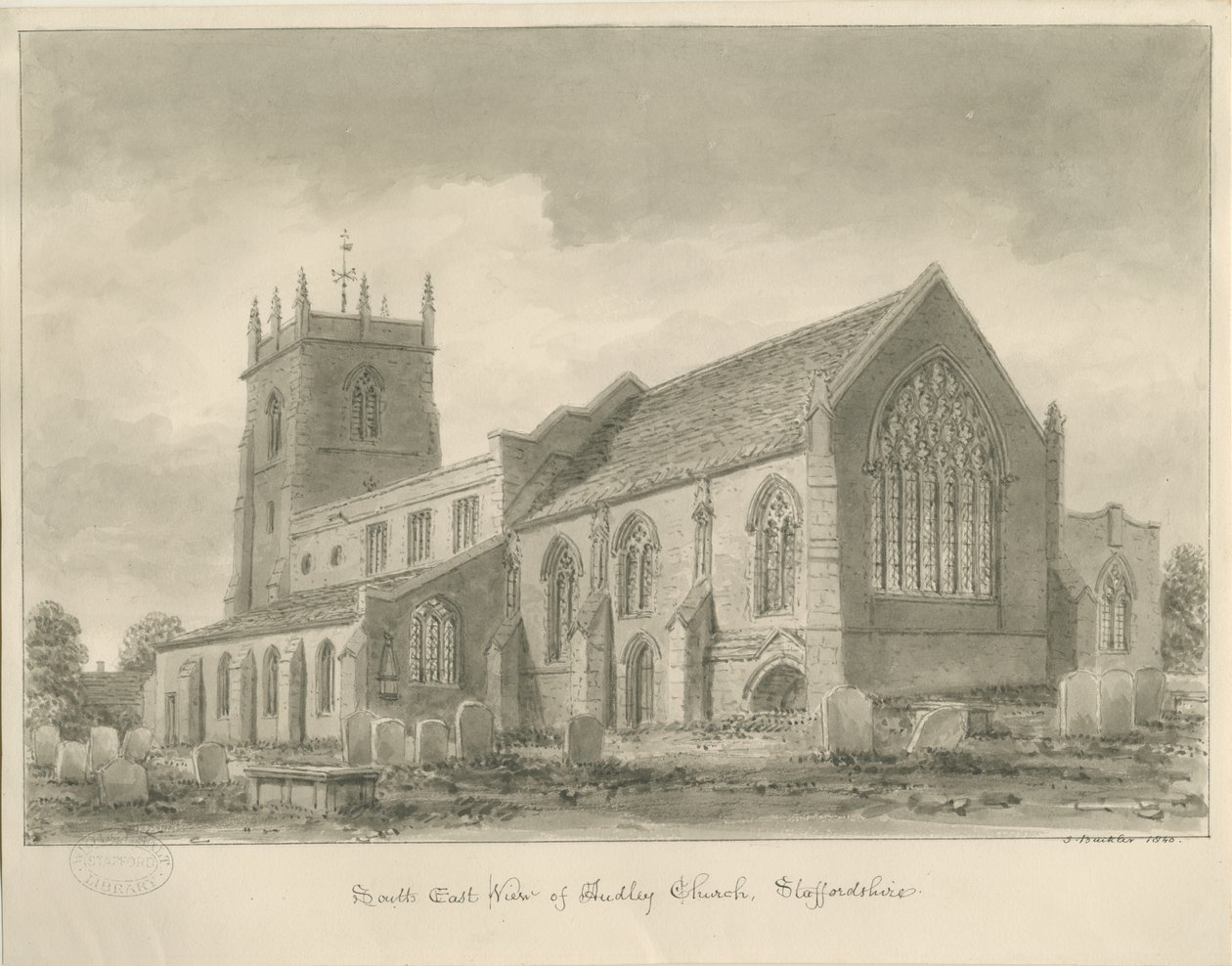 Audley Church: sepiateckning, 1840 av John Buckler