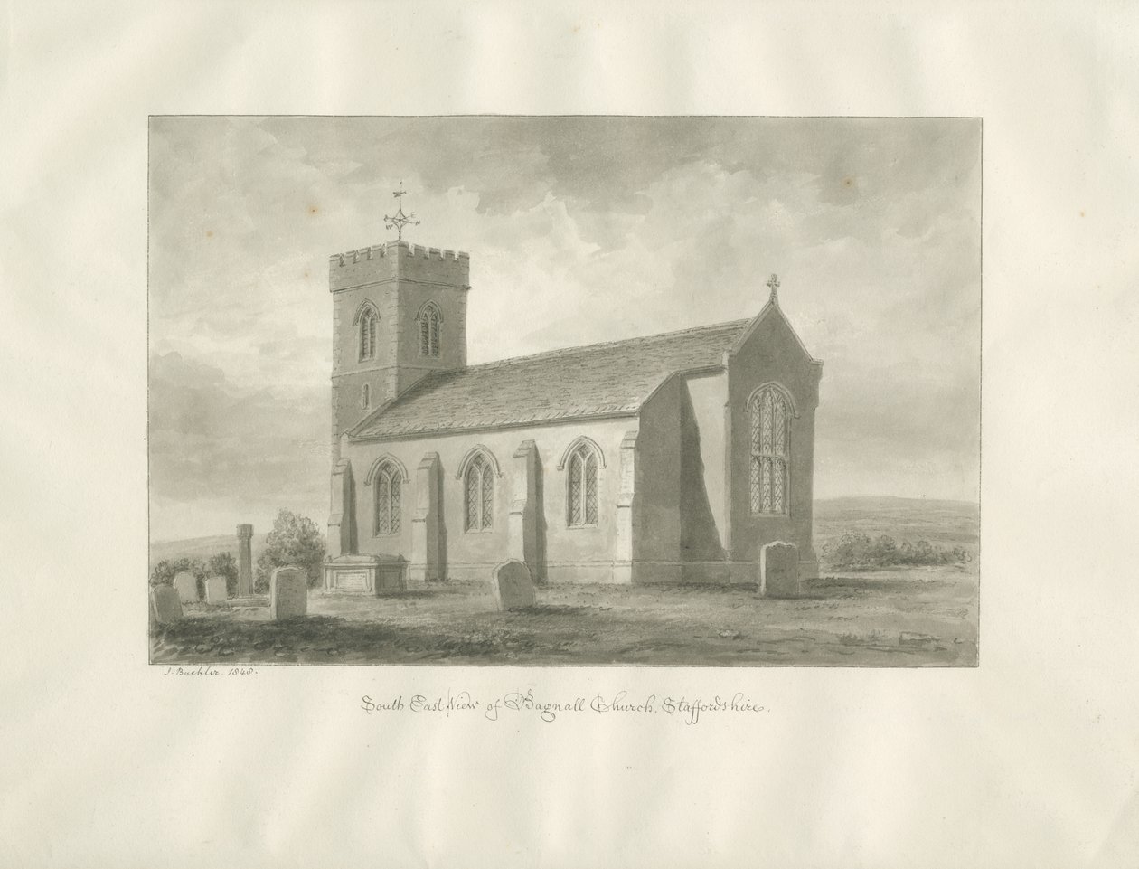 Bagnall kyrka: sepiateckning, 1848 av John Buckler