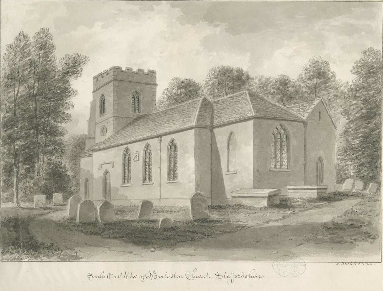 Barlaston Church: sepiateckning, 1844 av John Buckler