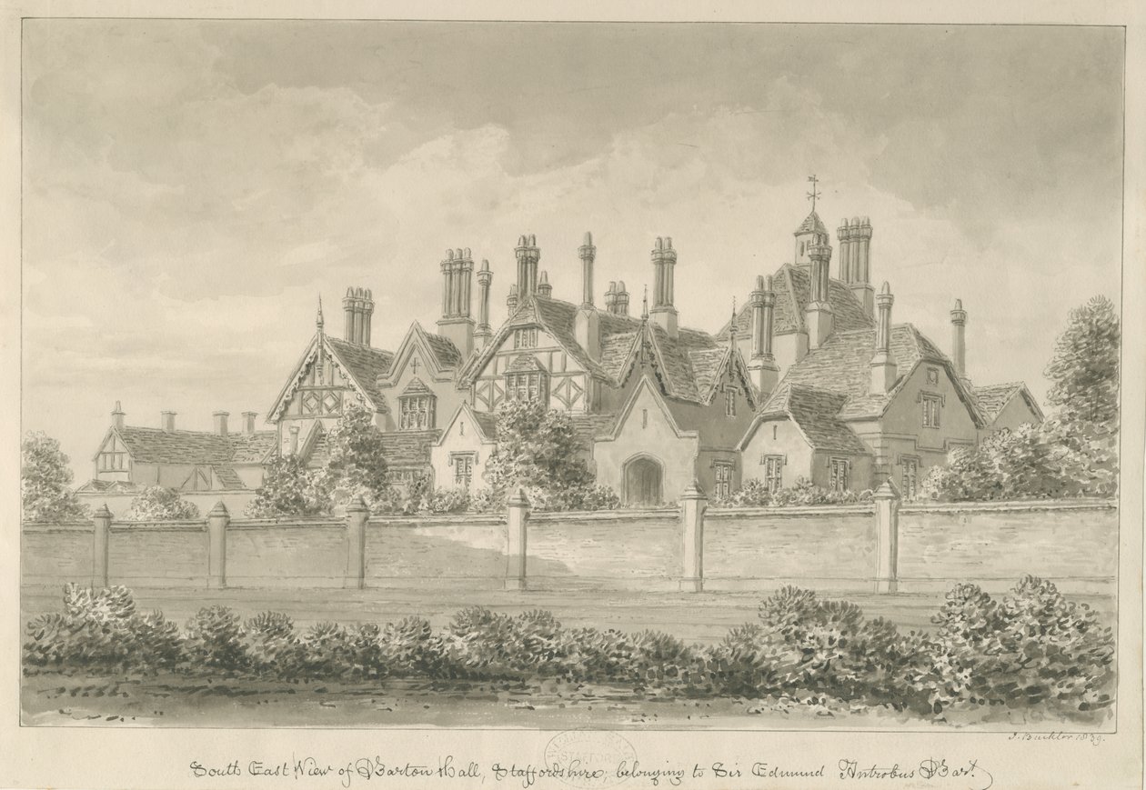 Barton under Needwood - "Barton Hall": sepiateckning, 1839 av John Buckler