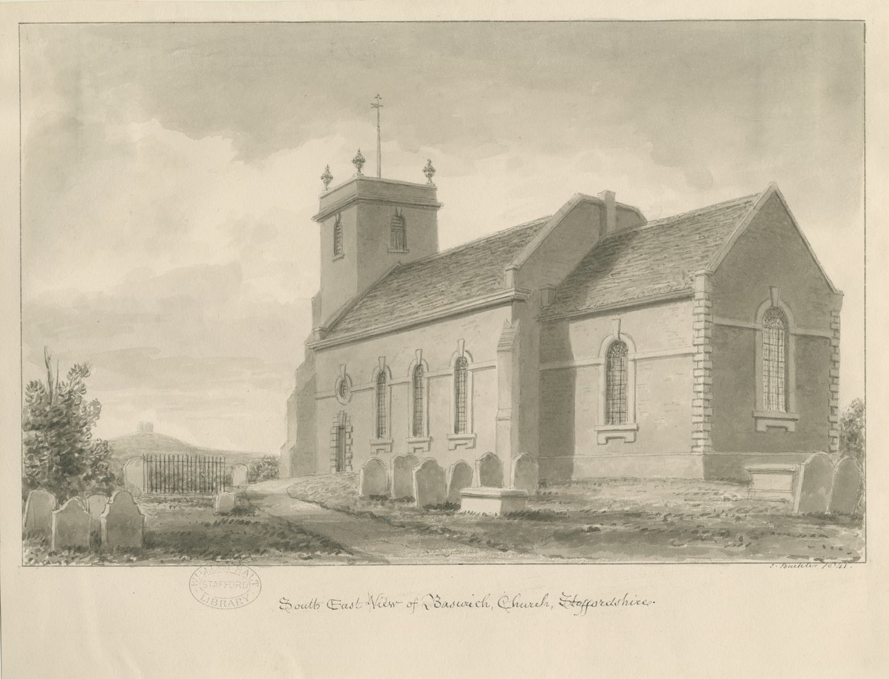 Baswich Church: sepiateckning, 1841 av John Buckler