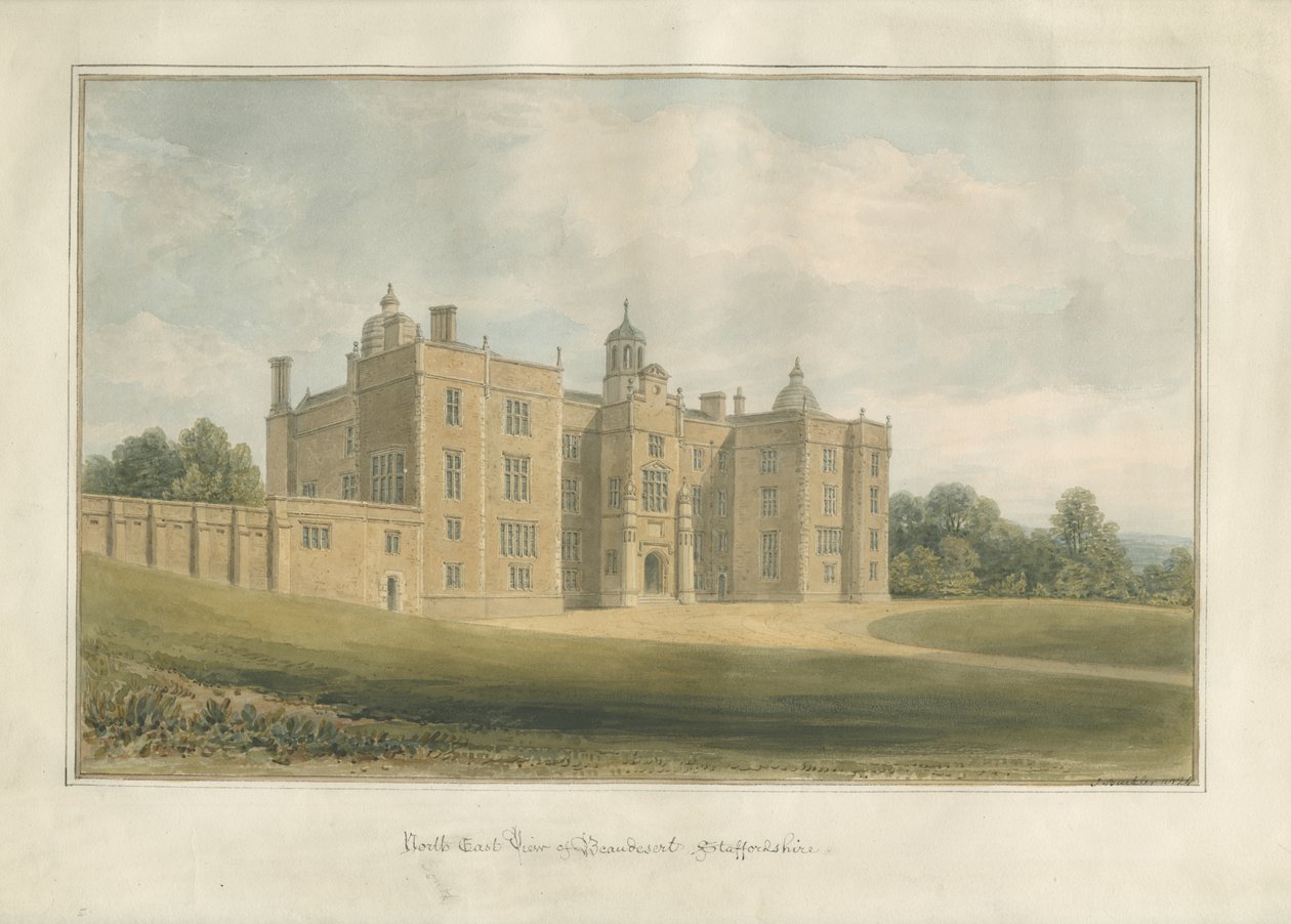 Beaudesert Hall and Park: akvarellmålning, 1824 av John Buckler