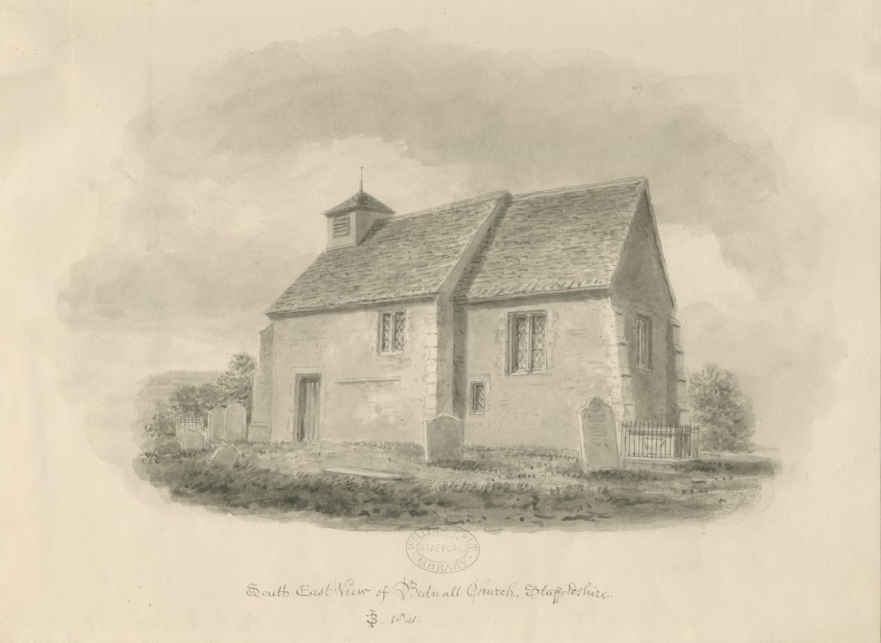 Bednalls kyrka: sepiateckning, 1841 av John Buckler
