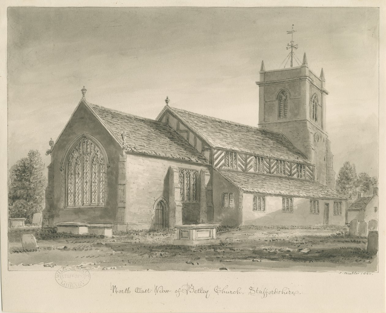 Betley Church: sepiateckning, 1840 av John Buckler