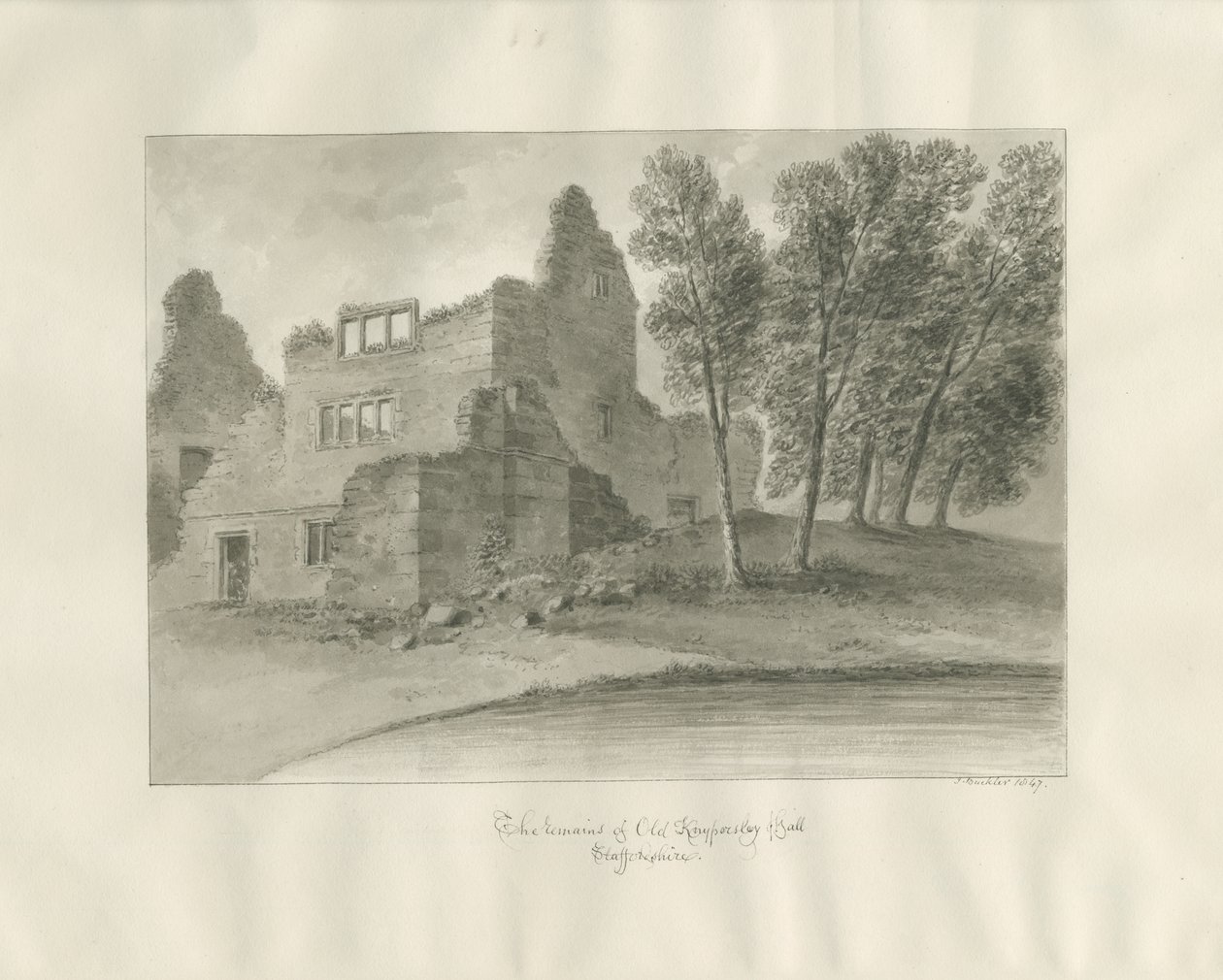 Biddulph - Knypersley Hall [gammal]: sepiateckning av John Buckler