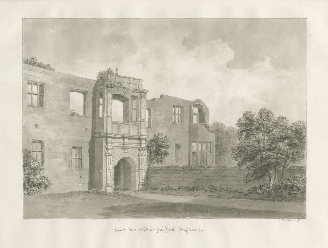Biddulph Hall (gammal): sepiateckning av John Buckler