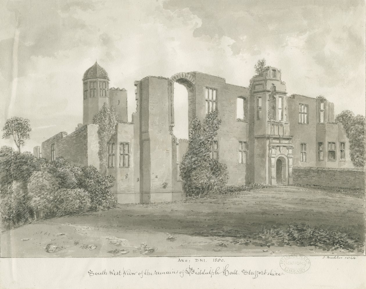 Biddulph Hall (gammal): sepiateckning av John Buckler