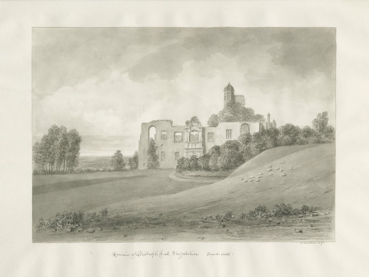 Biddulph Hall (gammal): sepiateckning av John Buckler