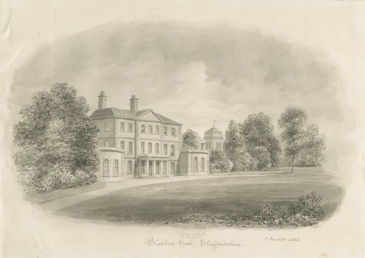 Bishton Hall: sepiateckning av John Buckler