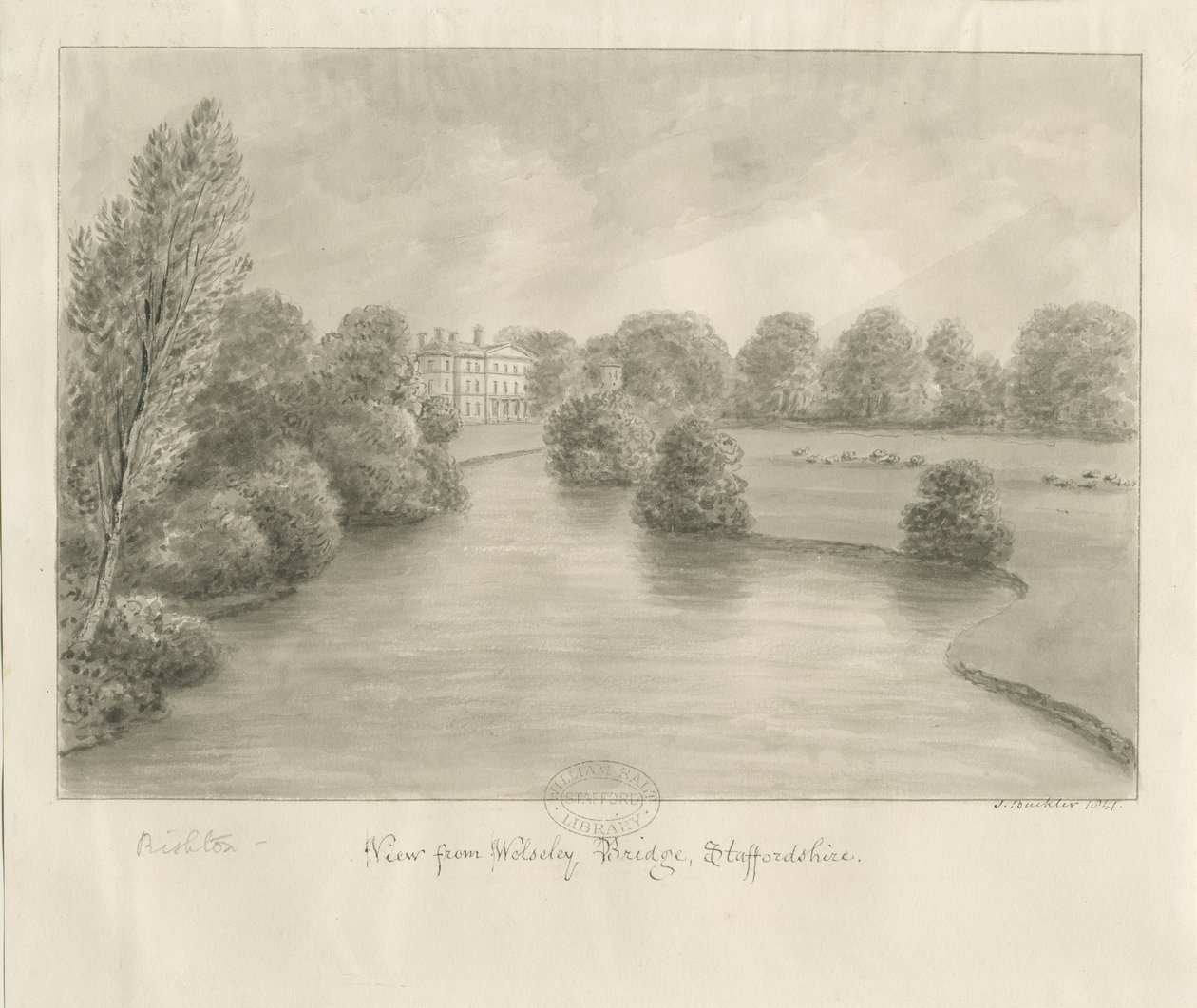 Bishton Hall: sepiateckning, 1841 av John Buckler