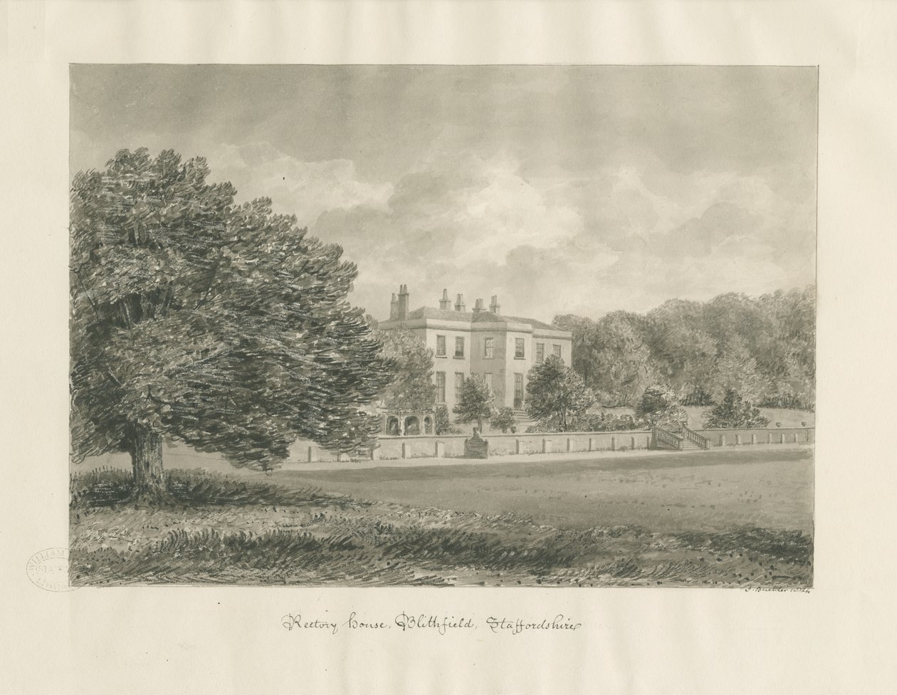 Blithfield - Rectory: sepiateckning av John Buckler