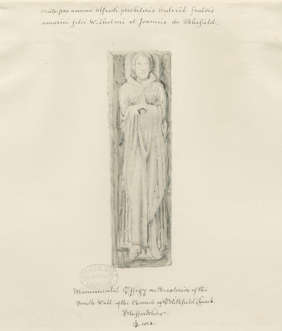 Blithfield Church - monumental bild: tonad teckning, 1823 av John Buckler