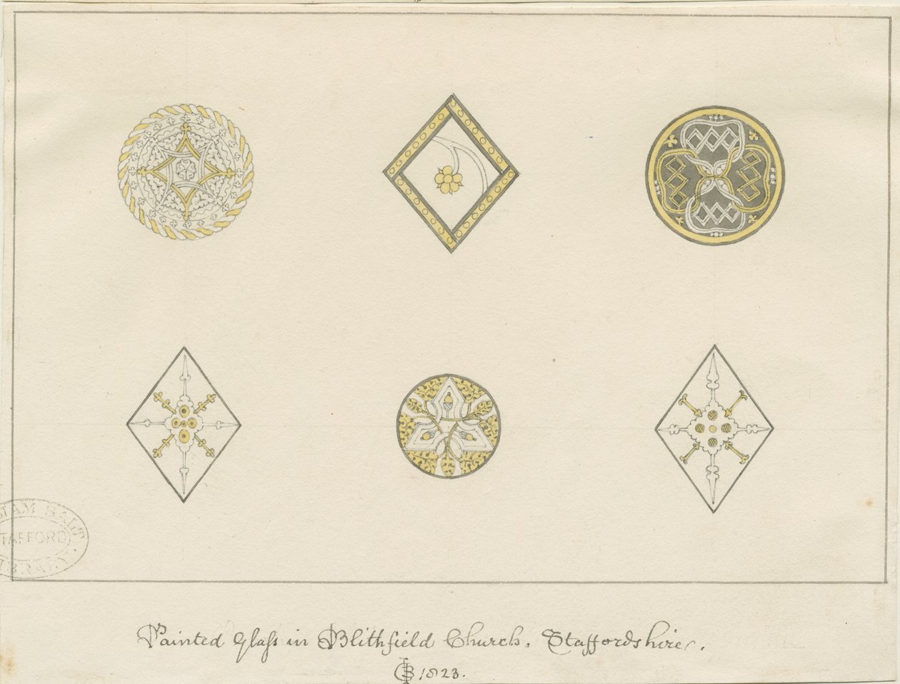 Blithfield Church - målat glas: blyertsteckningar, 1823 av John Buckler