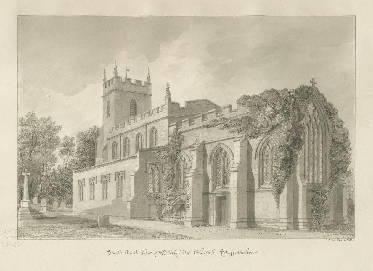 Blithfield Church: sepiateckning av John Buckler
