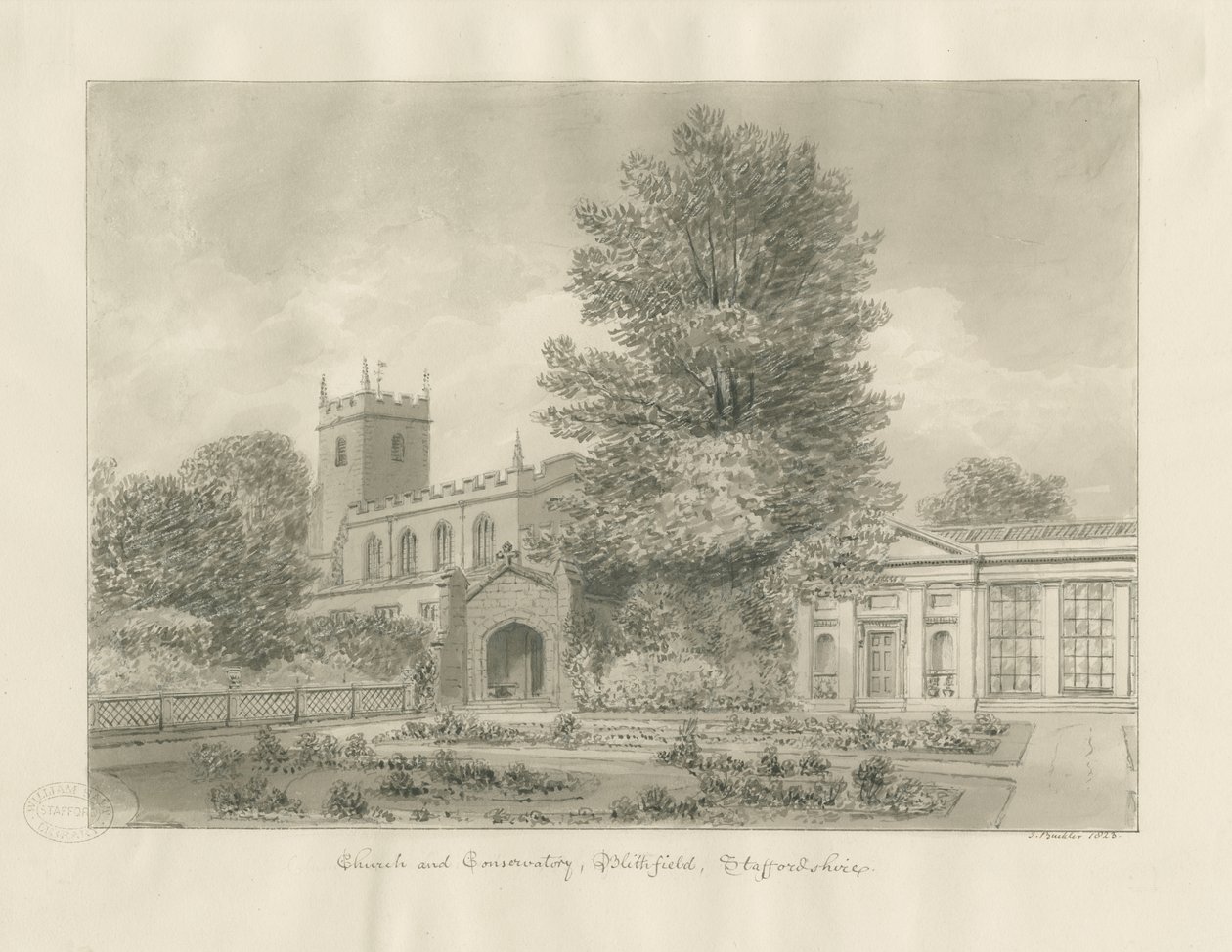 Blithfield Church: sepiateckning av John Buckler