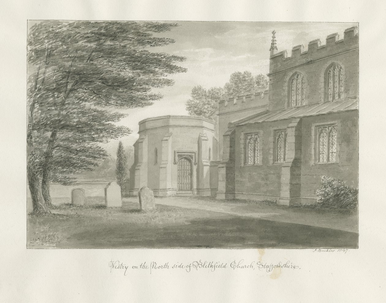 Blithfield Church: sepiateckning, 1847 av John Buckler