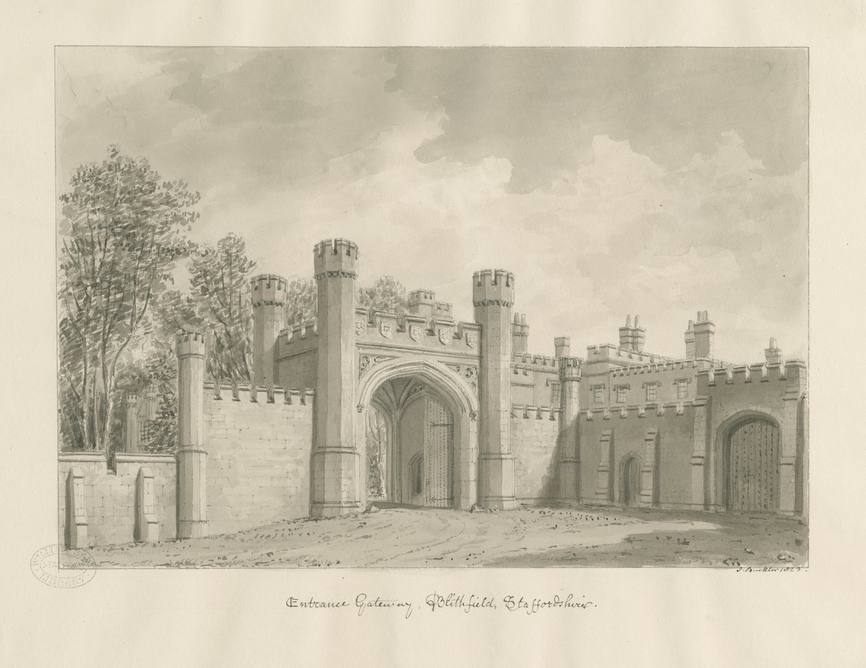 Blithfield Hall: sepiateckning av John Buckler