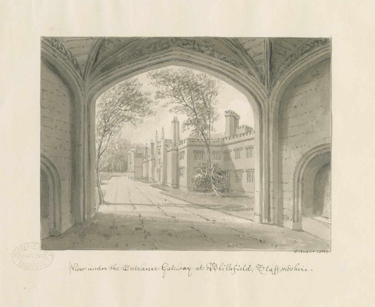 Blithfield Hall: sepiateckning av John Buckler