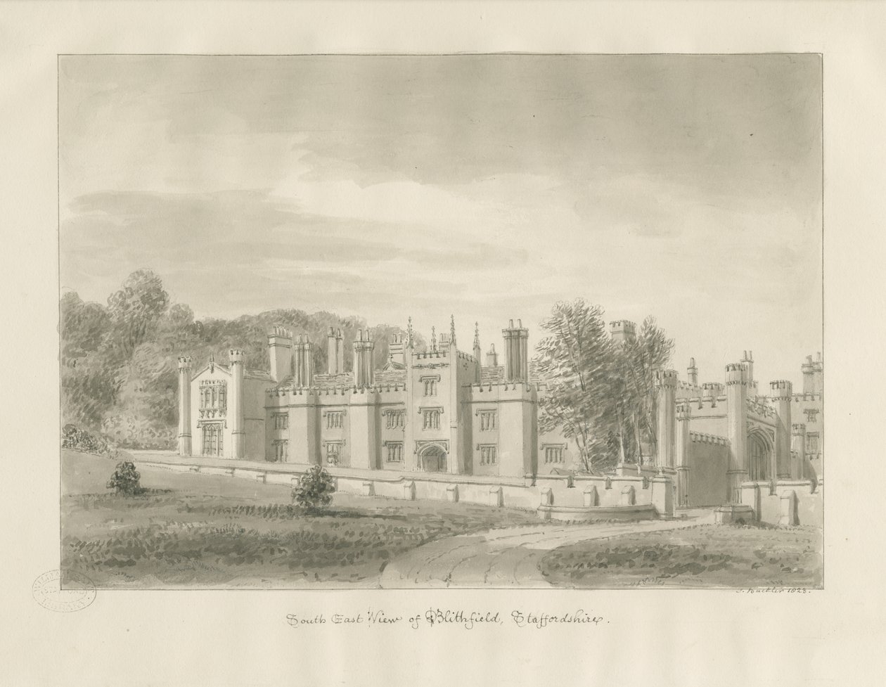 Blithfield Hall: sepiateckning, 1823 av John Buckler