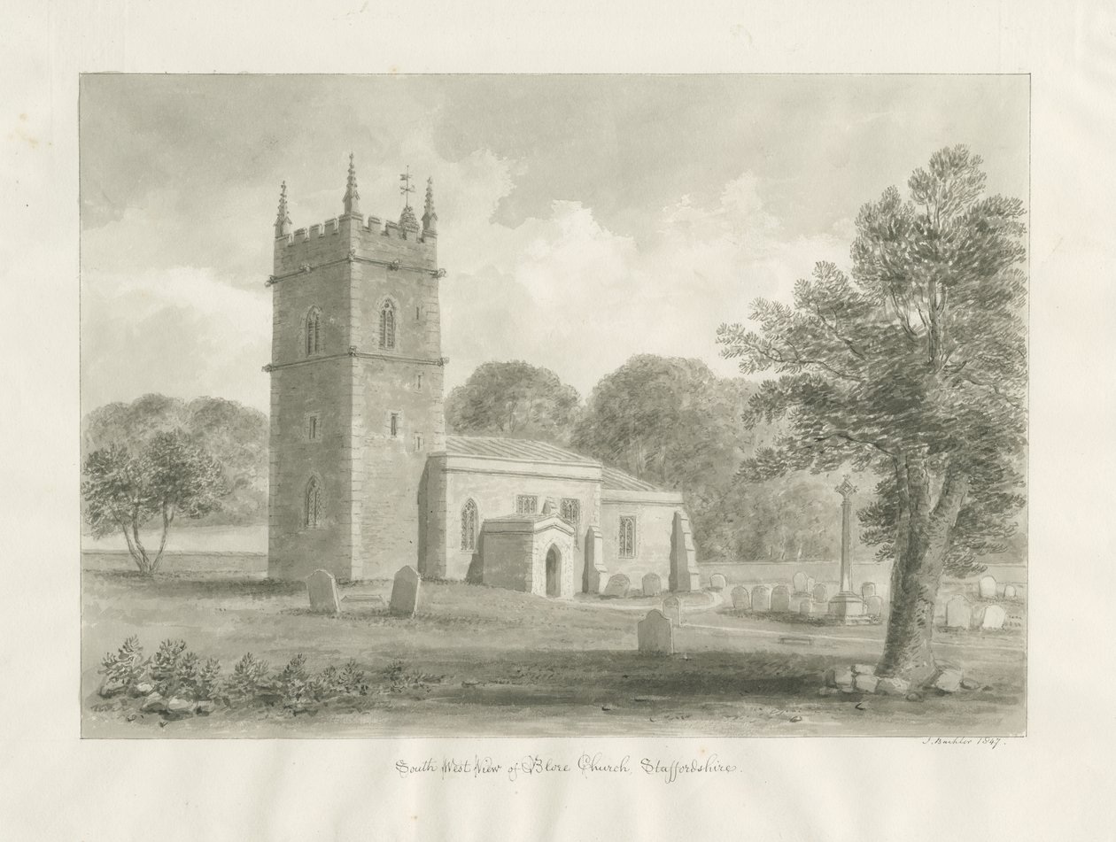 Blore Church: sepiateckning, 1847 av John Buckler